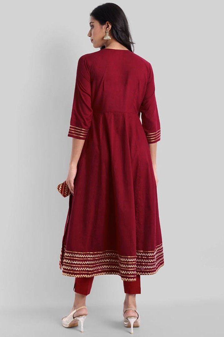 Maroon Gota Angarkha Kurta Pants Set