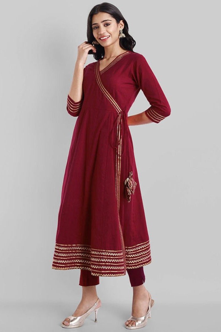 Maroon Gota Angarkha Kurta Pants Set