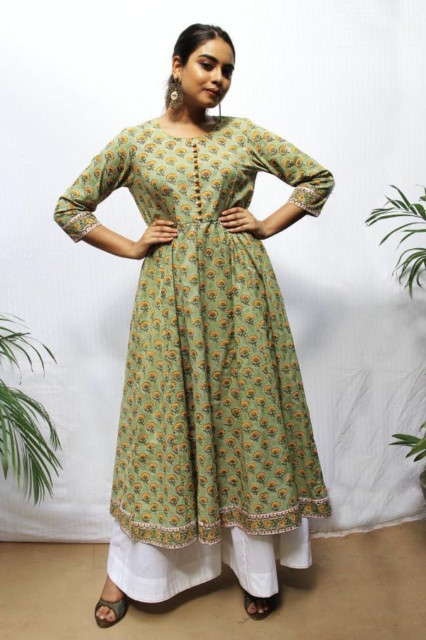 White Smoke Mehndi Green Handblocked Kurta