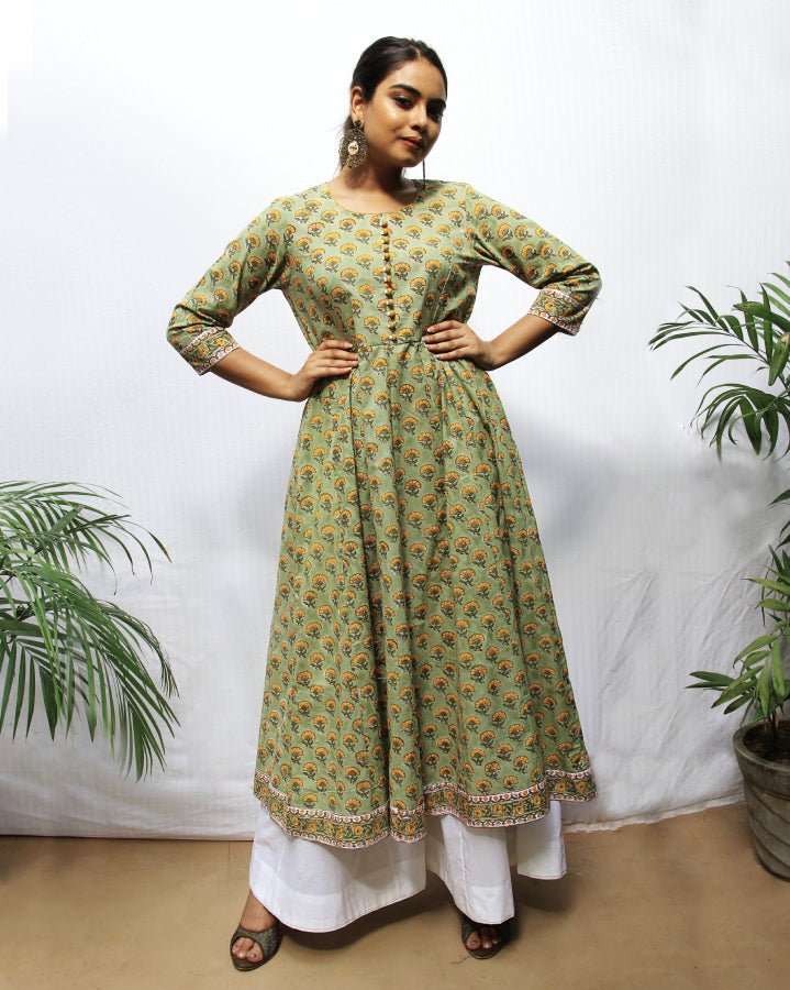 White Smoke Mehndi Green Handblocked Kurta