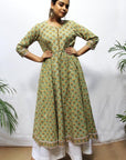 White Smoke Mehndi Green Handblocked Kurta