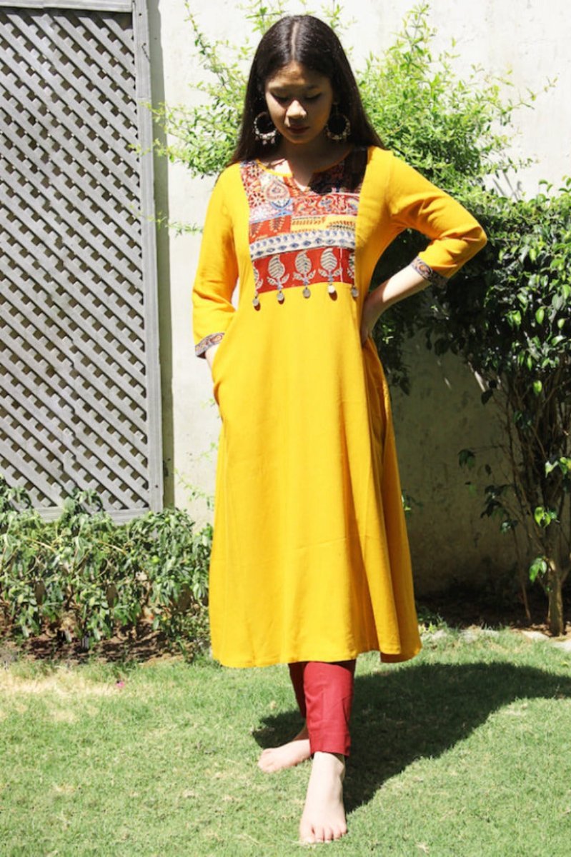 Light Goldenrod Mustard Laila Patchwork Kurta