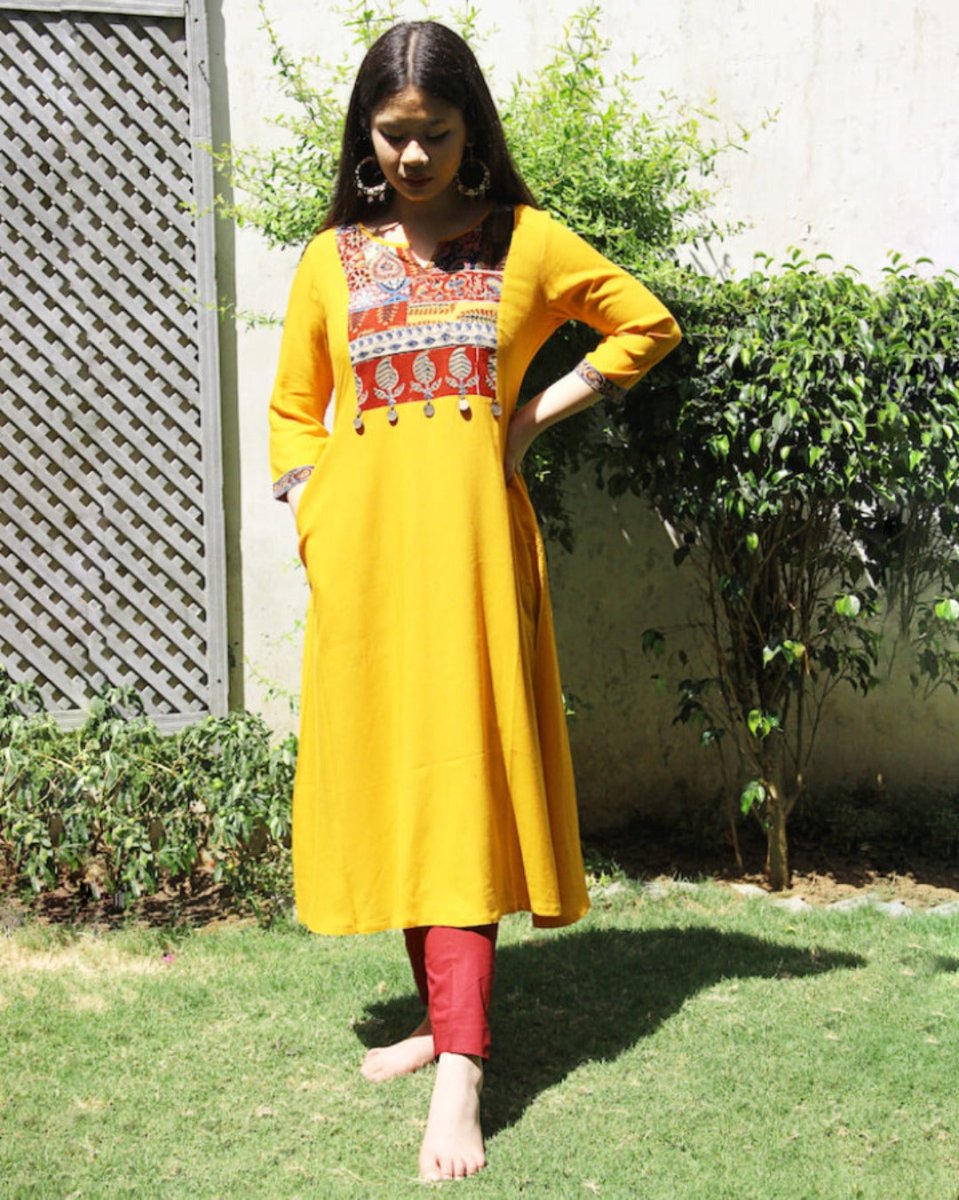 Light Goldenrod Mustard Laila Patchwork Kurta