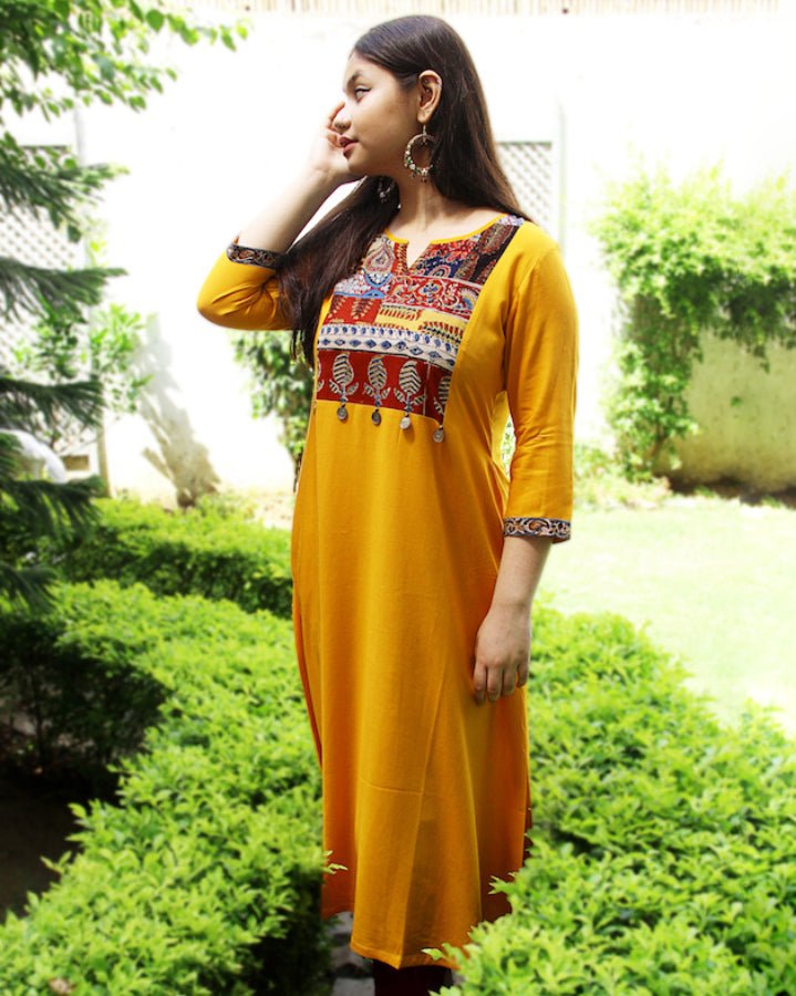 Olive Drab Mustard Laila Patchwork Kurta