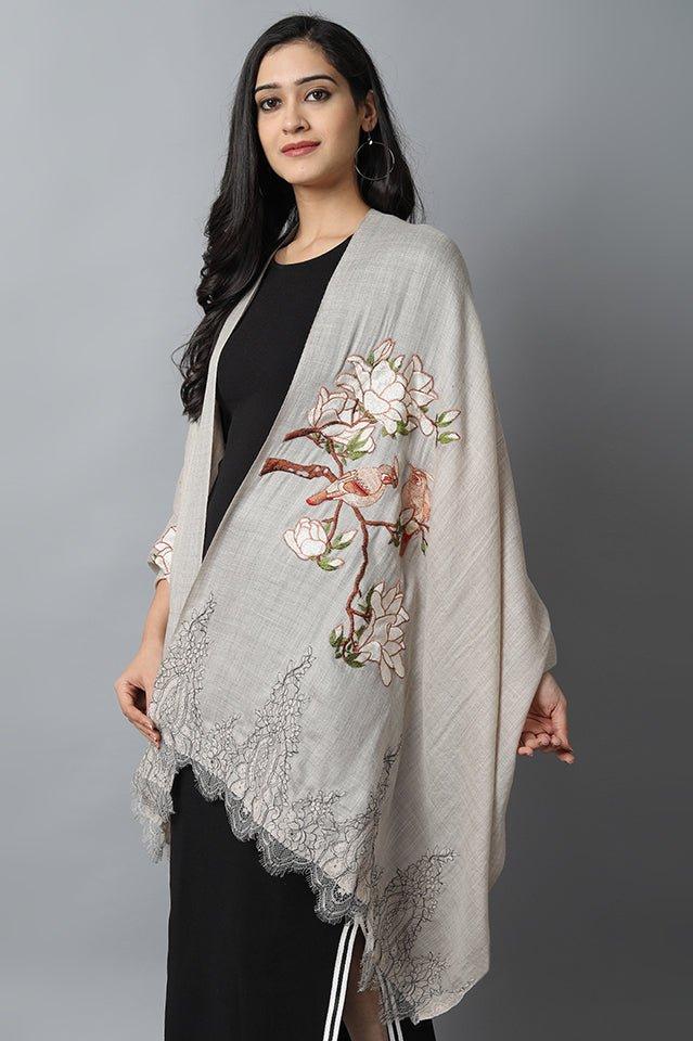 Gray Natural Bird Pashmina-Cashmere Stole