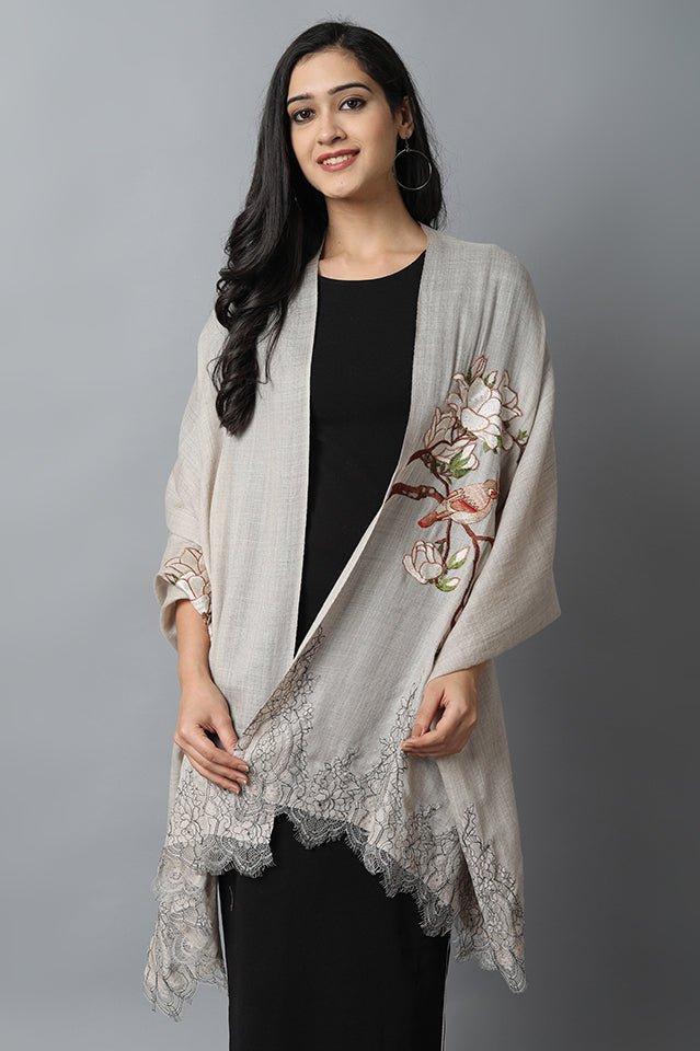 Dark Gray Natural Bird Pashmina-Cashmere Stole