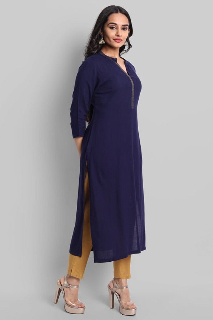 Gray Navy Blue Rayon Swapna Kurta