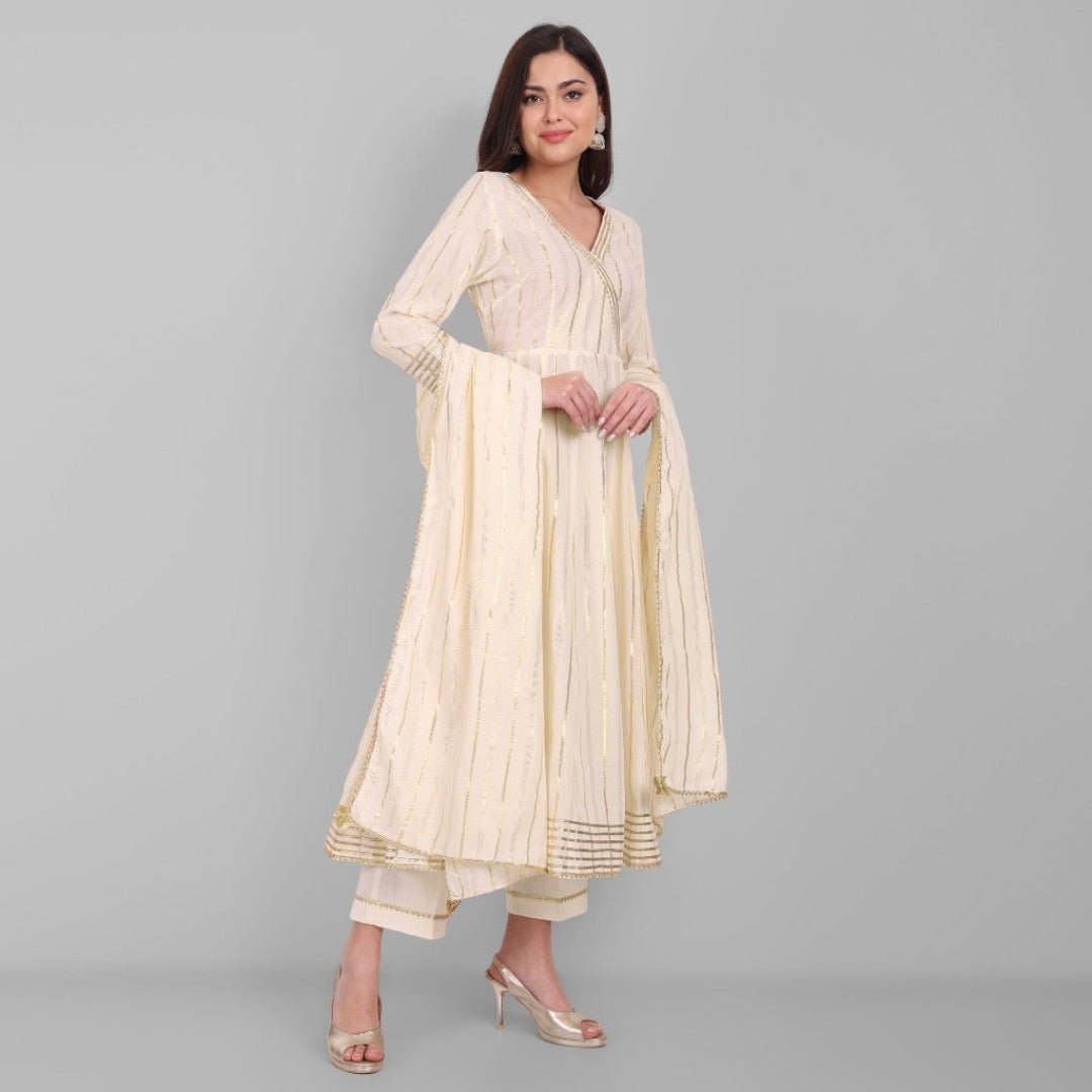 Gray Noor Offwhite Gold Anarkali with Gota detailing - Set of 3