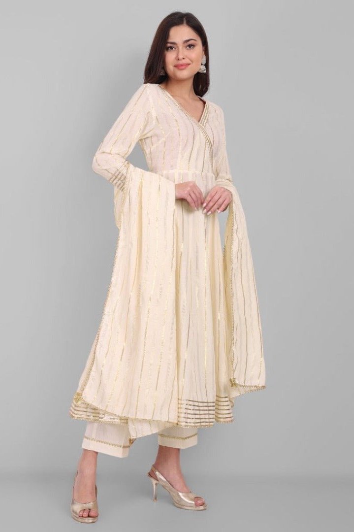 Gray Noor Offwhite Gold Anarkali with Gota detailing - Set of 3