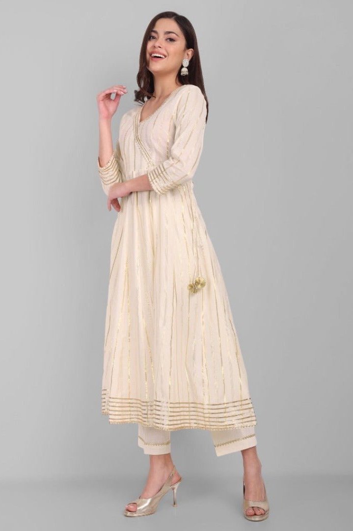 Gray Noor Offwhite Gold Anarkali with Gota detailing - Set of 3