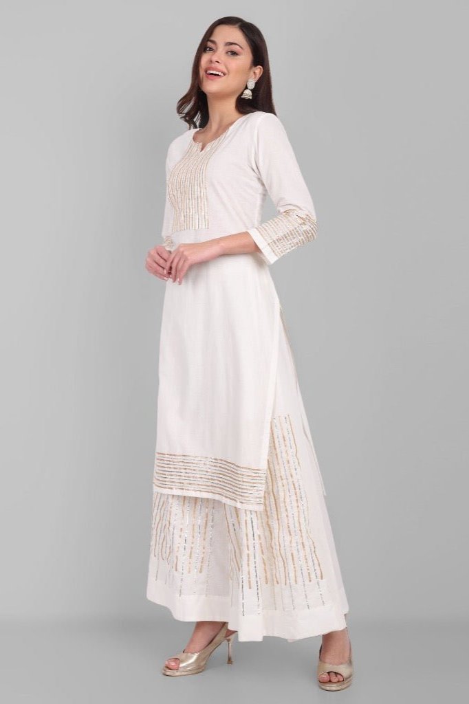 Gray Offwhite Dhanak Kurta and Sharara - Set of 3