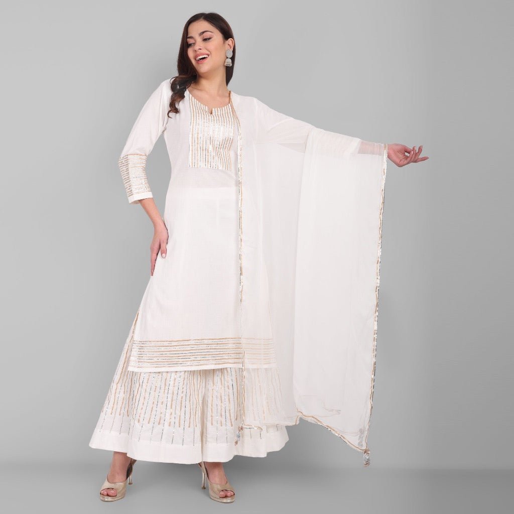 Gray Offwhite Dhanak Kurta and Sharara - Set of 3