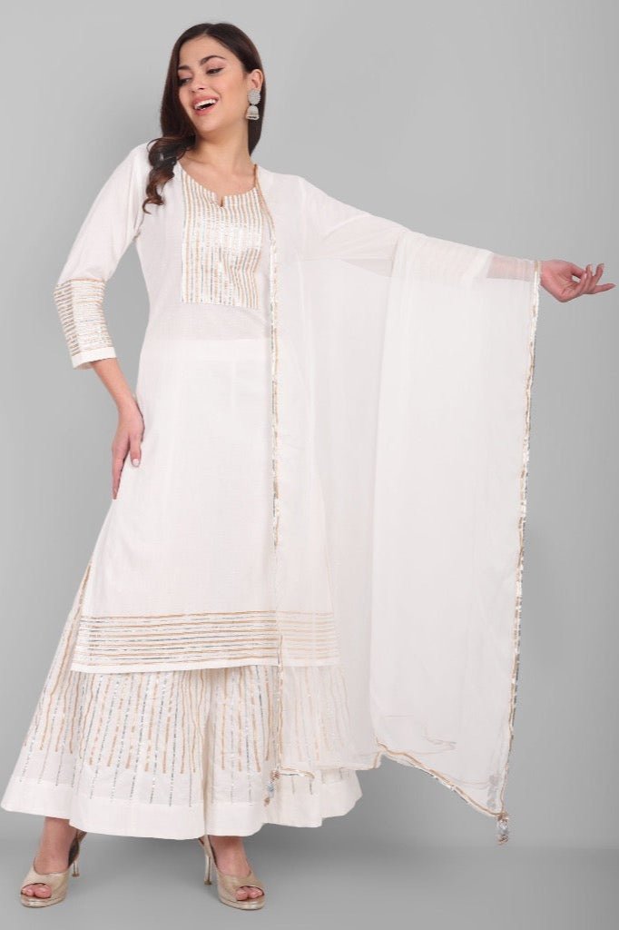 Gray Offwhite Dhanak Kurta and Sharara - Set of 3