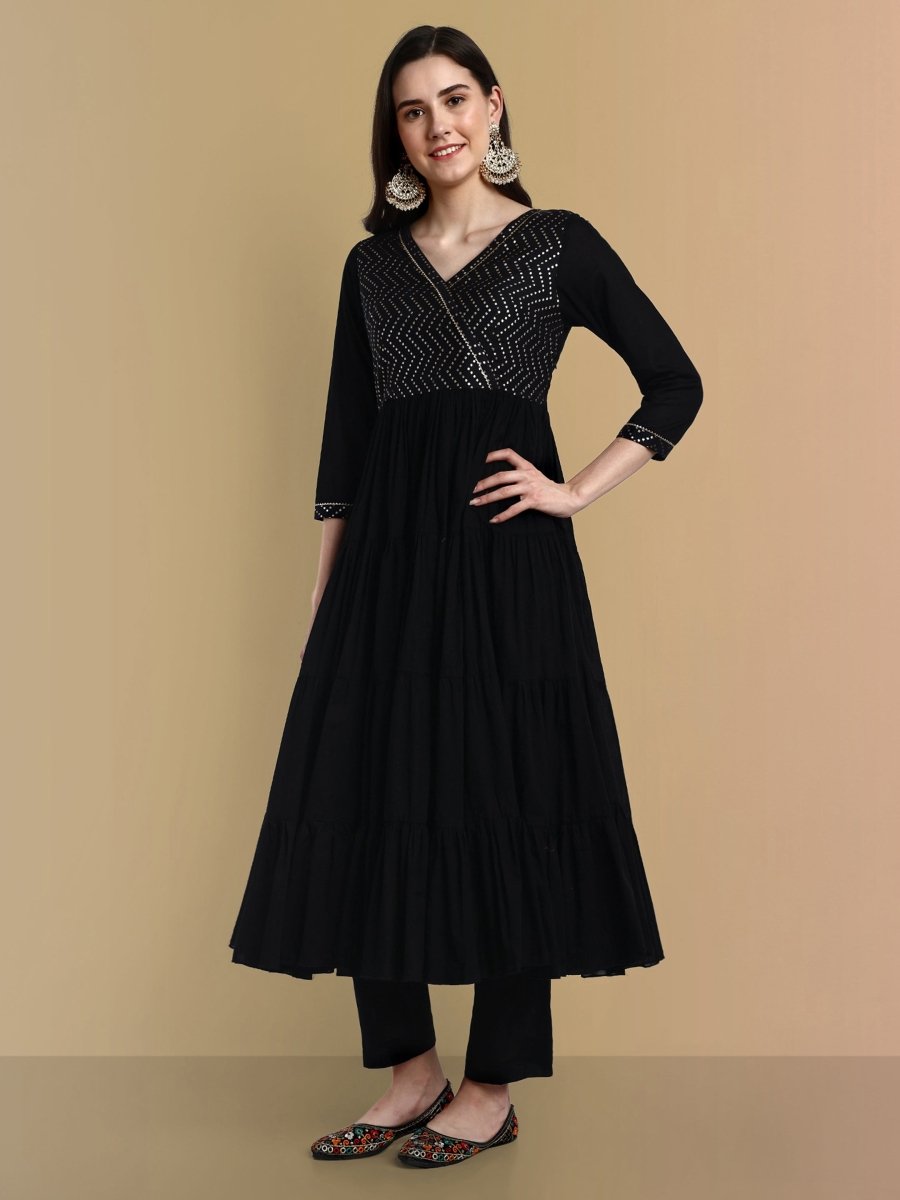 Black Cotton Chanderi Graduated Angrakha Style