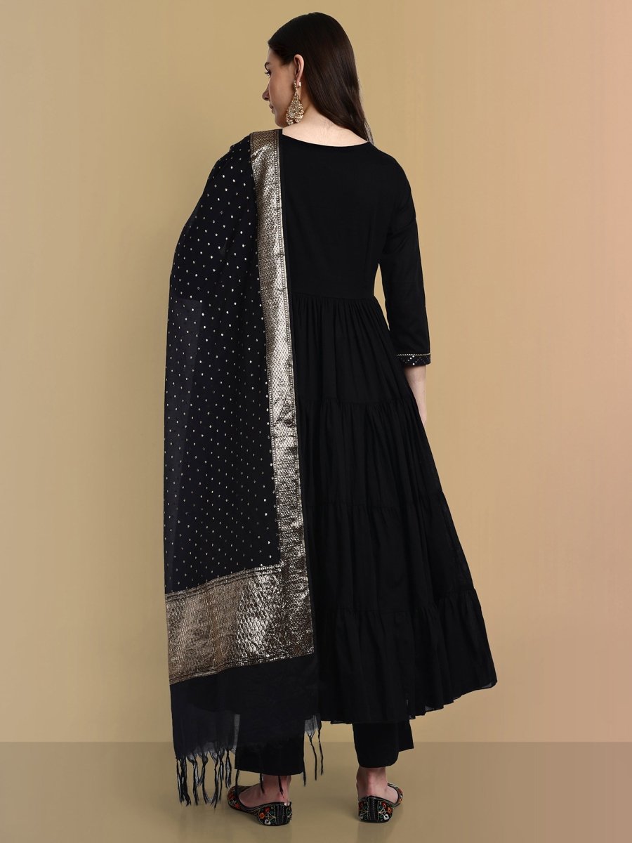 Black Cotton Chanderi Graduated Angrakha Style