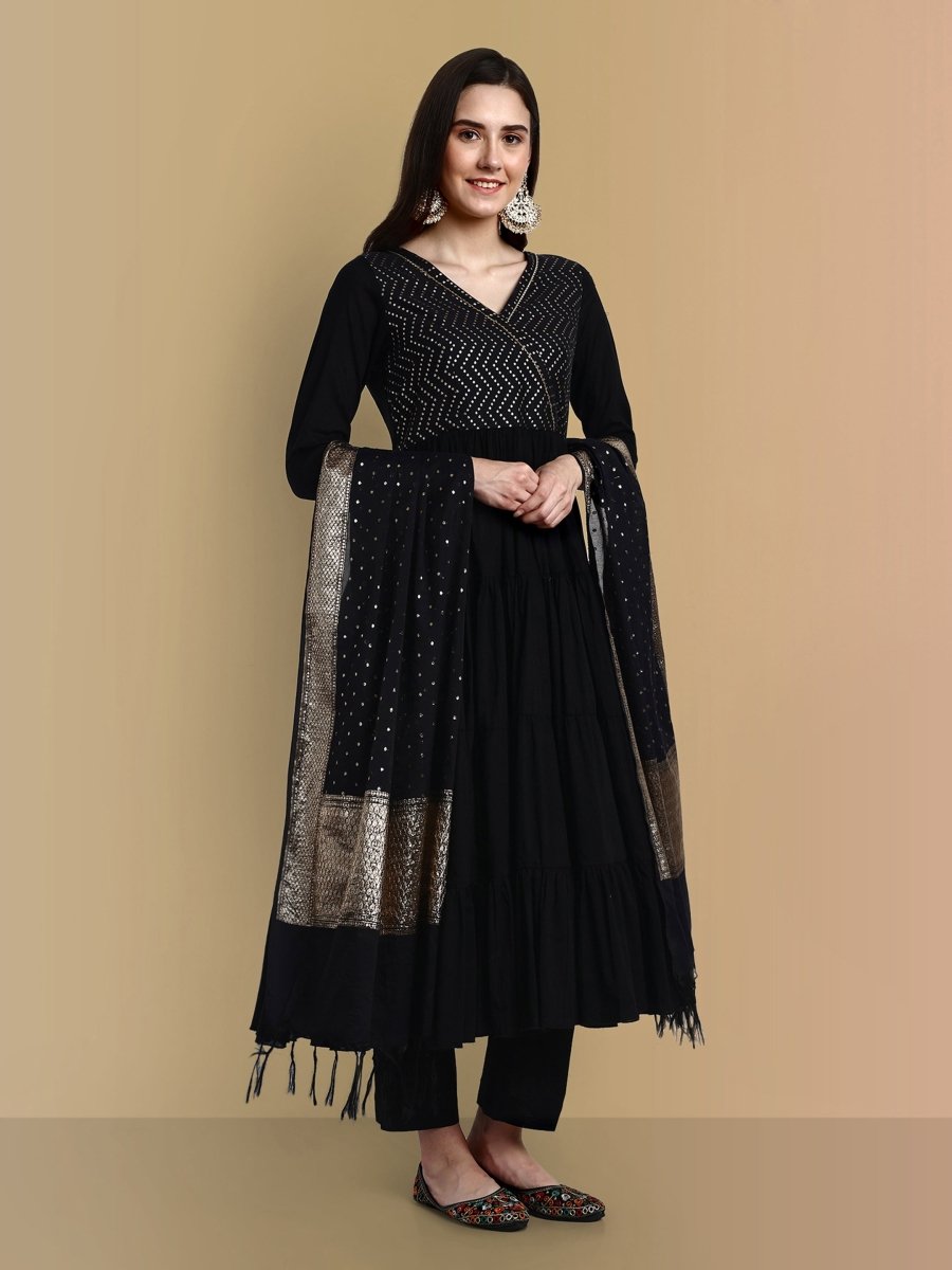 Black Cotton Chanderi Graduated Angrakha Style