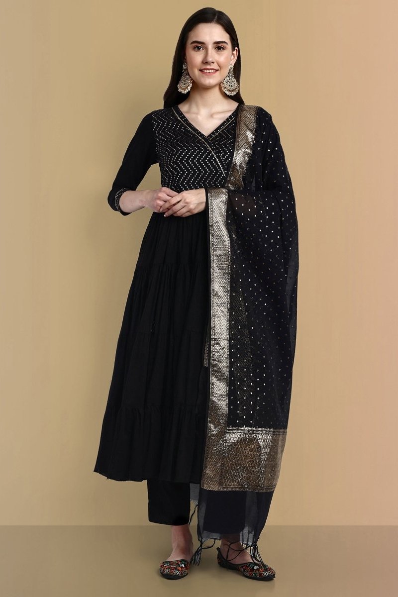 Black Cotton Chanderi Graduated Angrakha Style Set Online