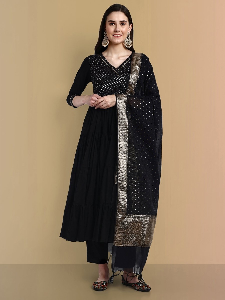 Black Cotton Chanderi Graduated Angrakha Style