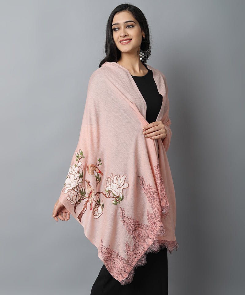 Gray Peach Bird Pashmina-Cashmere Stole