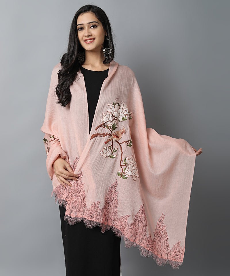 Dark Gray Peach Bird Pashmina-Cashmere Stole