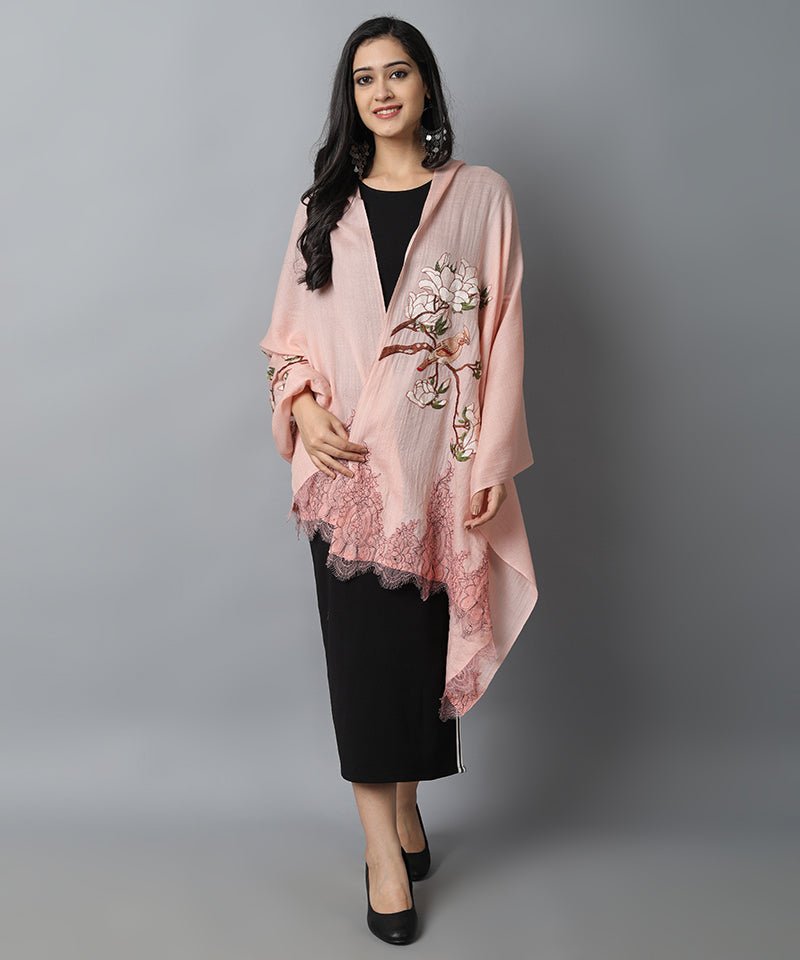 Rosy Brown Peach Bird Pashmina-Cashmere Stole