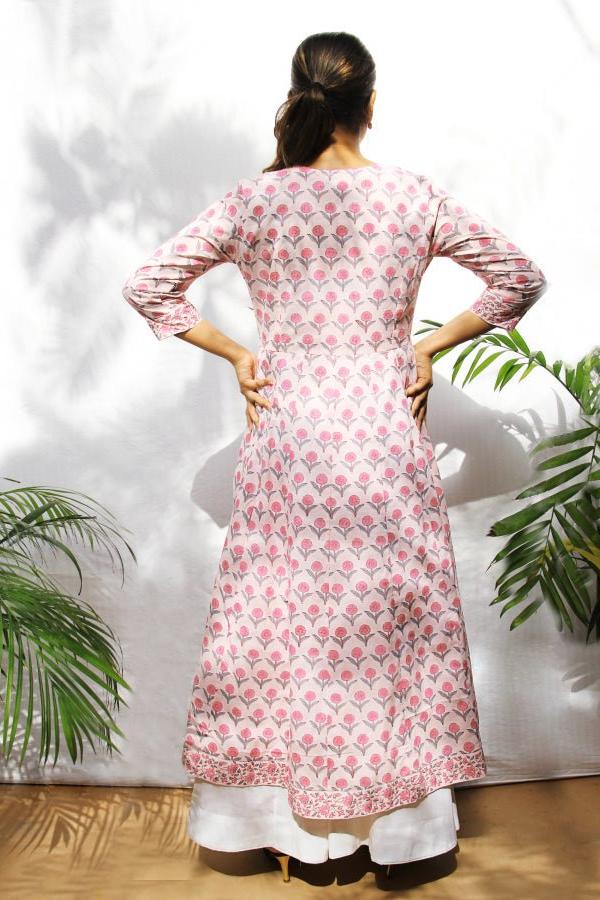 Thistle Peach Handblock Cotton Anarkali Kurta