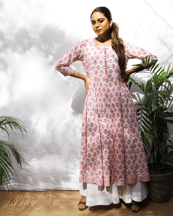 White Smoke Peach Handblock Cotton Anarkali Kurta