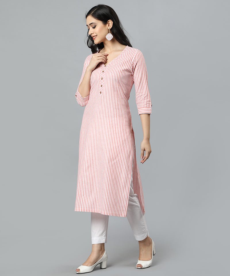 Misty Rose Peach V Neck Candy Cane Kurta