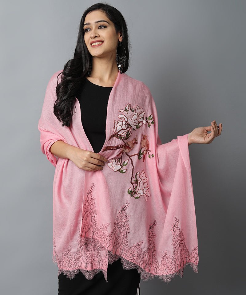 Dark Gray Pink Bird Pashmina-Cashmere Stole