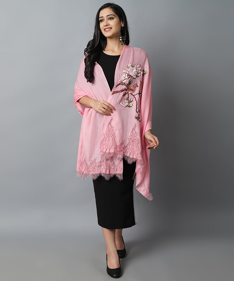 Light Pink Pink Bird Pashmina-Cashmere Stole