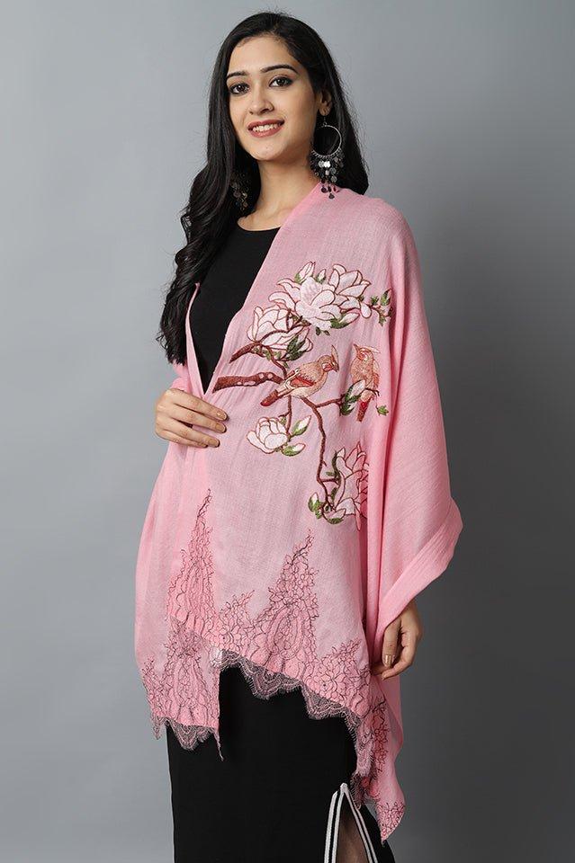 Dark Gray Pink Bird Pashmina-Cashmere Stole