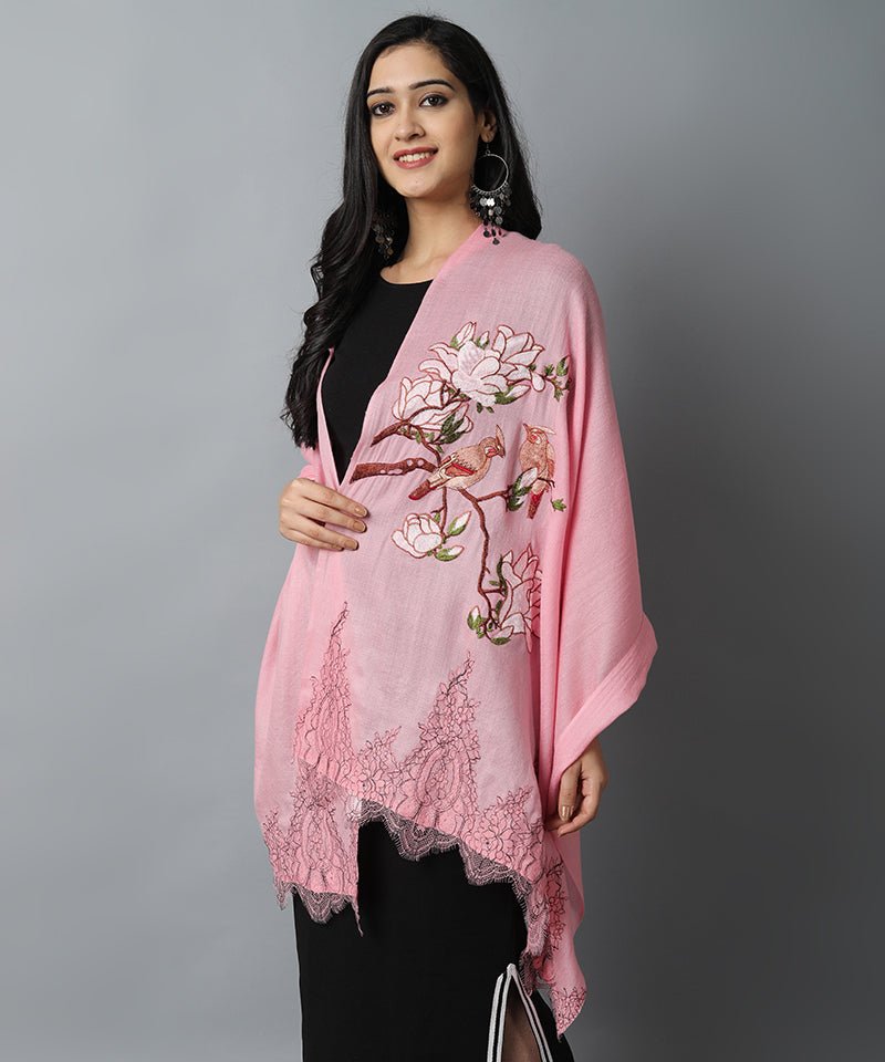 Dark Gray Pink Bird Pashmina-Cashmere Stole