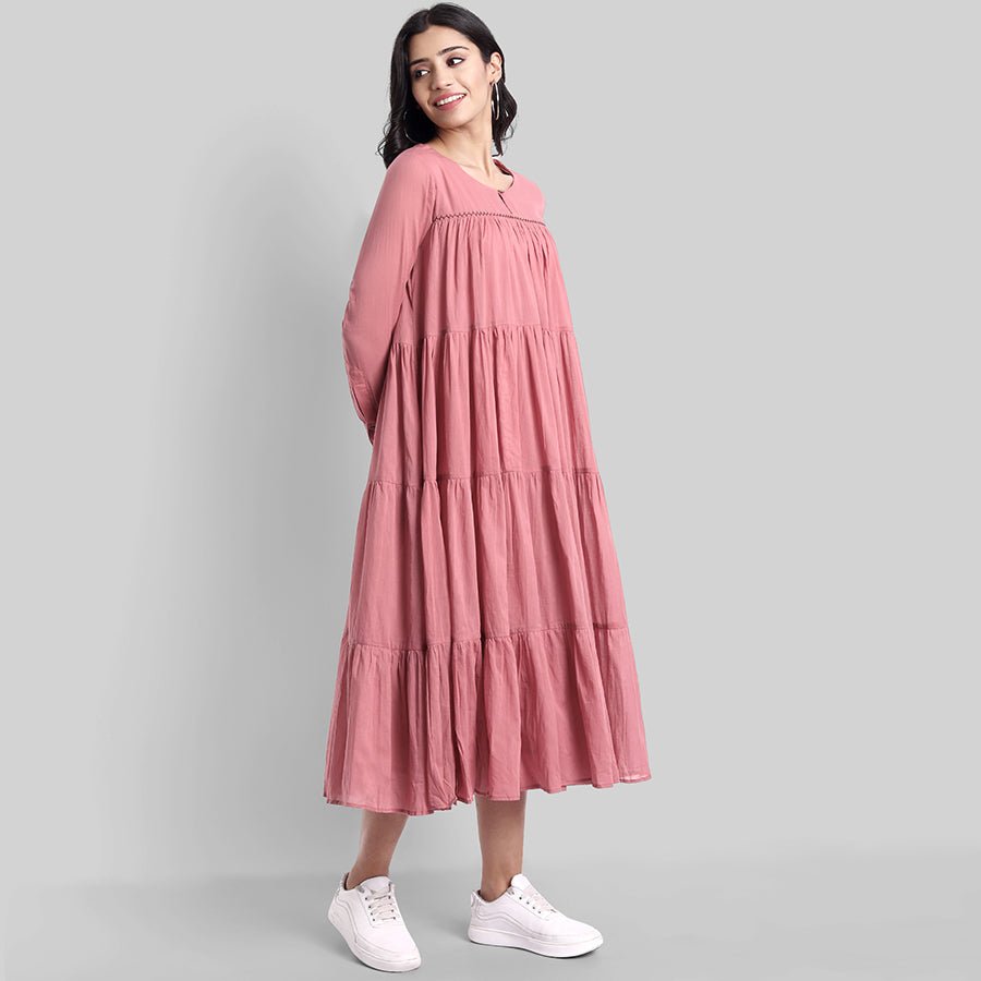 Pink Mul Cotton Graduated Long Dress