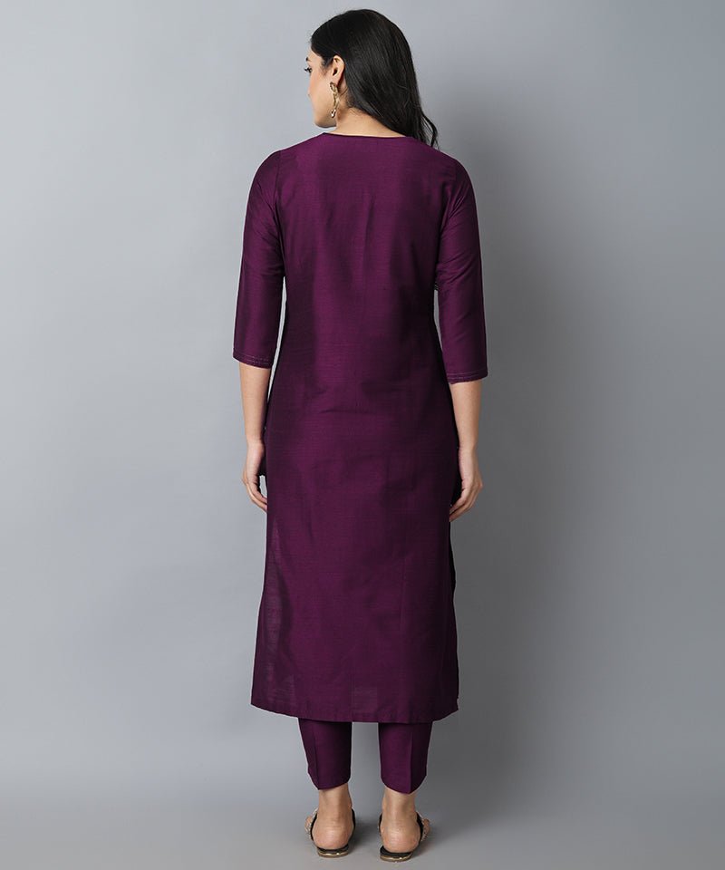 Dark Slate Gray Purple Silk Sonapani Kurta Pants Set