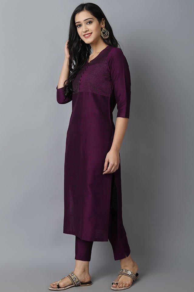 Dark Gray Purple Silk Sonapani Kurta Pants Set