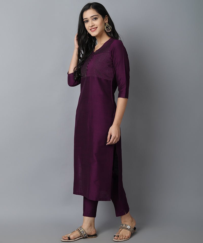 Dark Gray Purple Silk Sonapani Kurta Pants Set