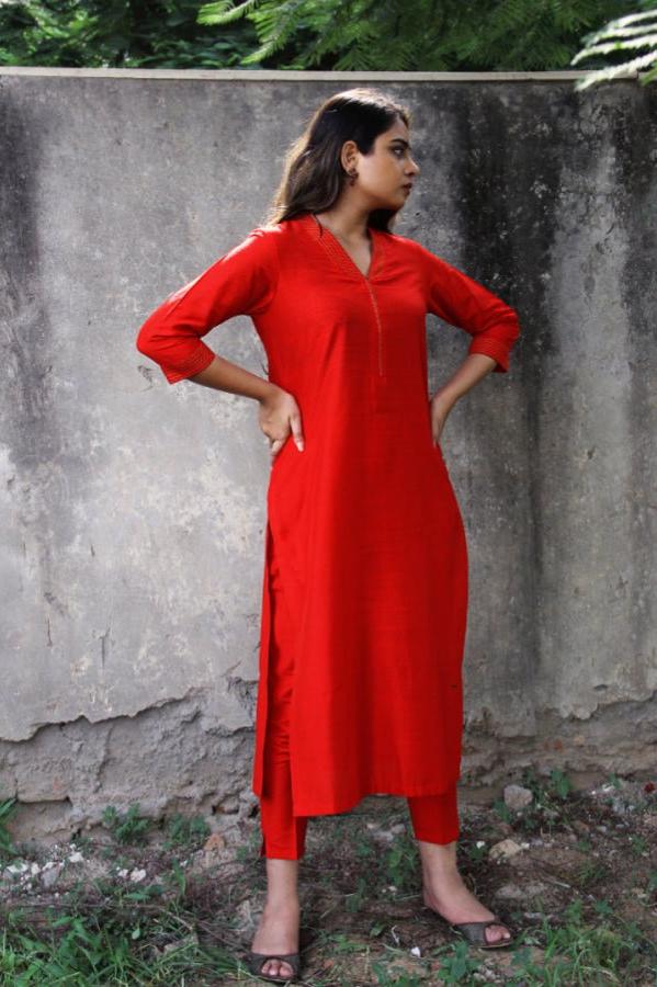 Red Red Silk Lapel Kurta Pants Set