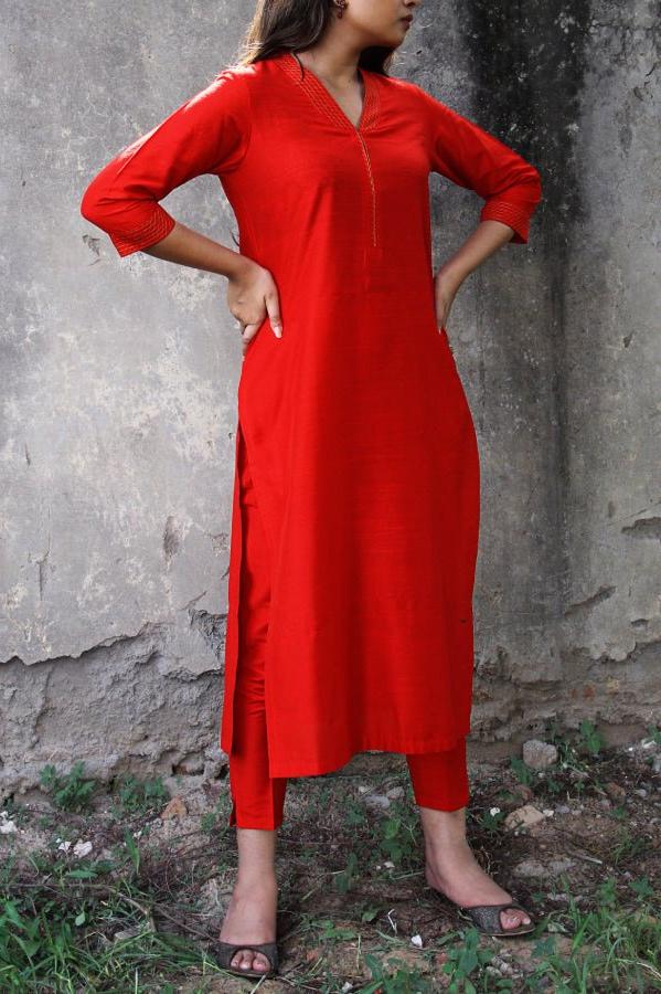 Dark Red Red Silk Lapel Kurta Pants Set