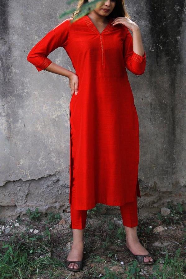 Dark Red Red Silk Lapel Kurta Pants Set