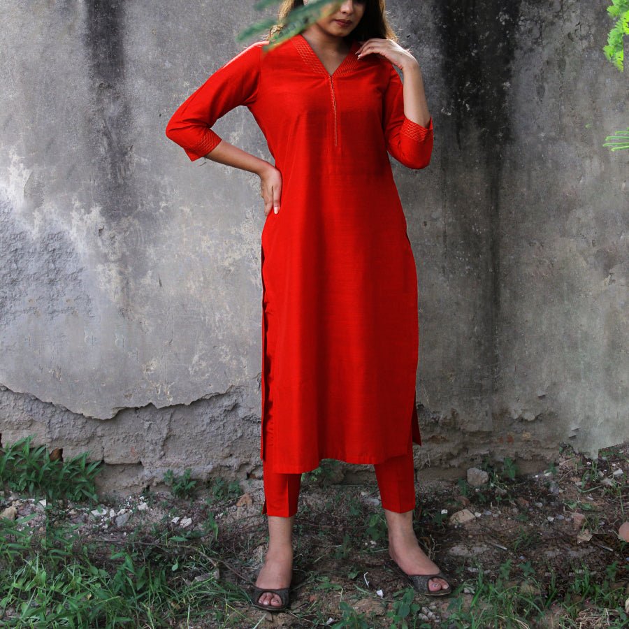 Dark Red Red Silk Lapel Kurta Pants Set