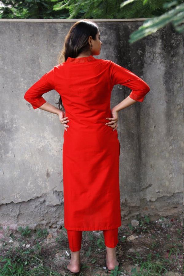 Red Red Silk Lapel Kurta Pants Set