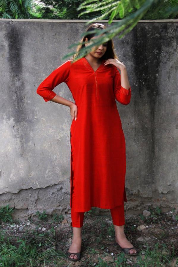 Firebrick Red Silk Lapel Kurta Pants Set