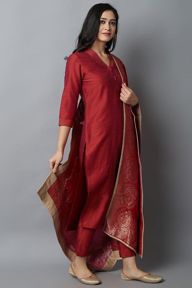 Dark Red Rust Silk Lapel Kurta Pants Set