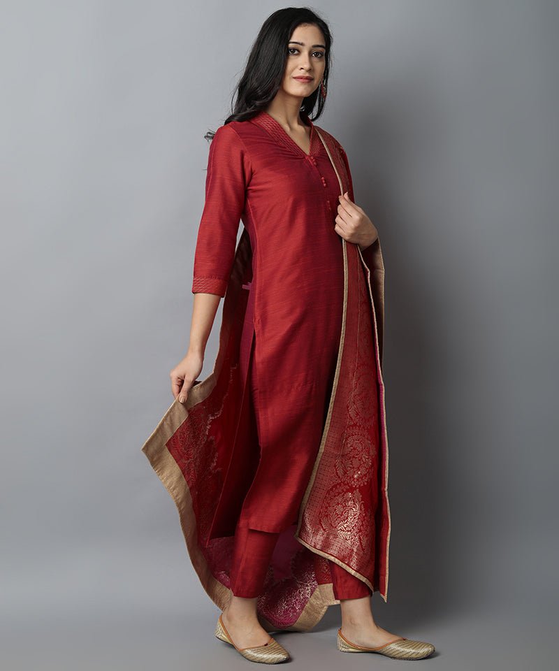 Dark Red Rust Silk Lapel Kurta Pants Set