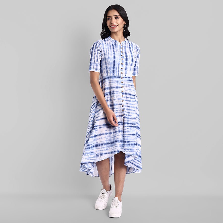 Shibori Print Front Open High-Low Dress