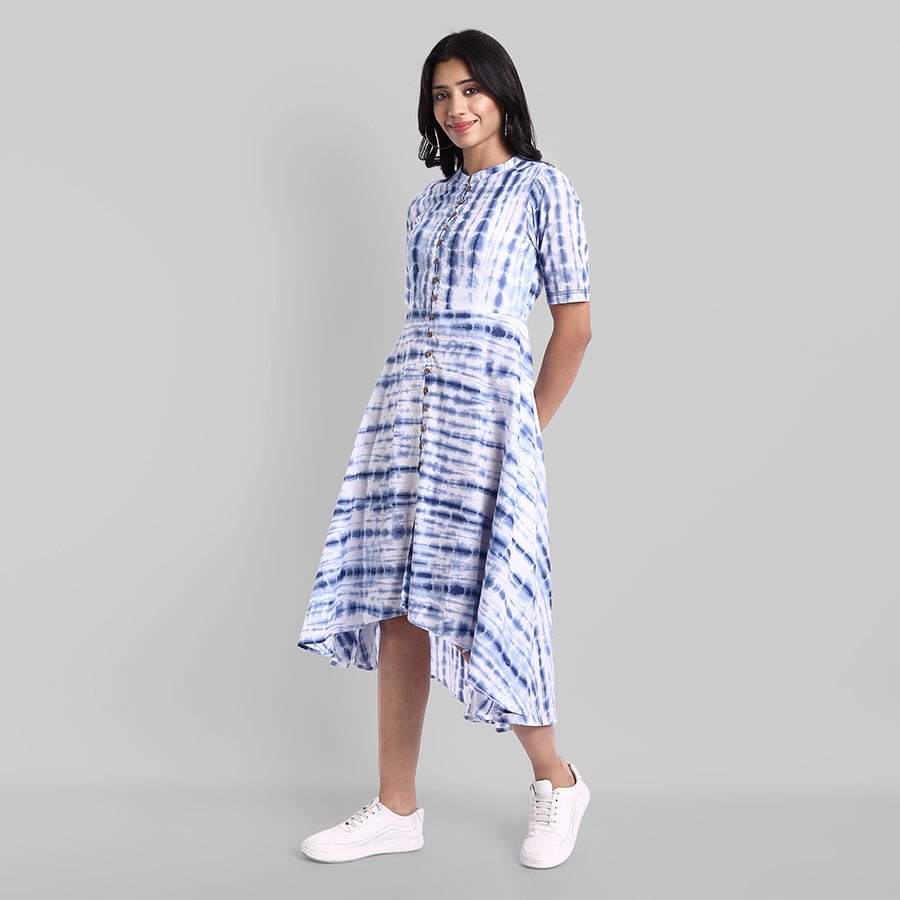 Shibori Print Front Open High-Low Dress