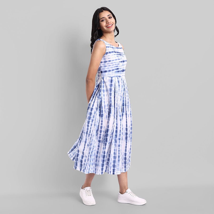 Shibori Print Sleeveless Pleated Dress