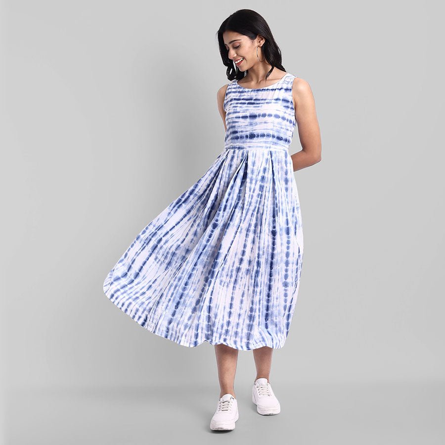 Shibori Print Sleeveless Pleated Dress