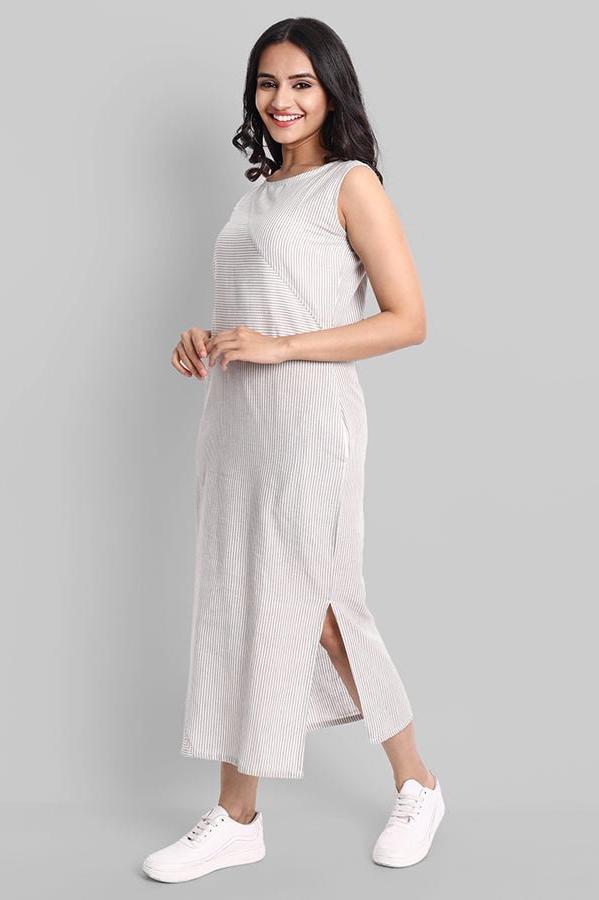 Light Gray Sleeveless Striped Cotton Long Dress