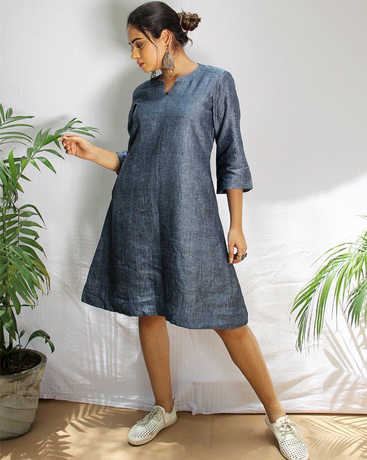 Gray Steel Blue Linen A line Dress